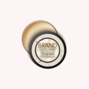 Open jar of body mask labeled 'Brand Body Care' with coconut and shea butter ingredients.