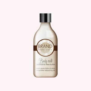 Bottle of body milk labeled 'BRAND body care - Body milk, coconut & shea butter' with a black cap