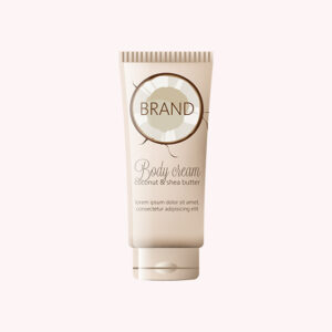 Beige tube of body cream labeled 'BRAND - Body cream, coconut & shea butter.