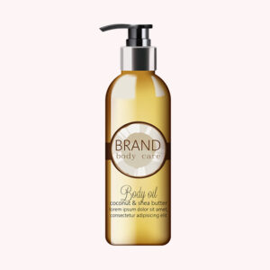 Brown pump bottle of body oil labeled 'BRAND body care - Body oil, coconut & shea butter.