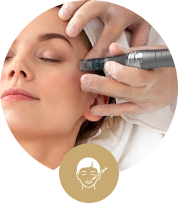 Woman receiving a microneedling treatment on her face from a professional wearing gloves.